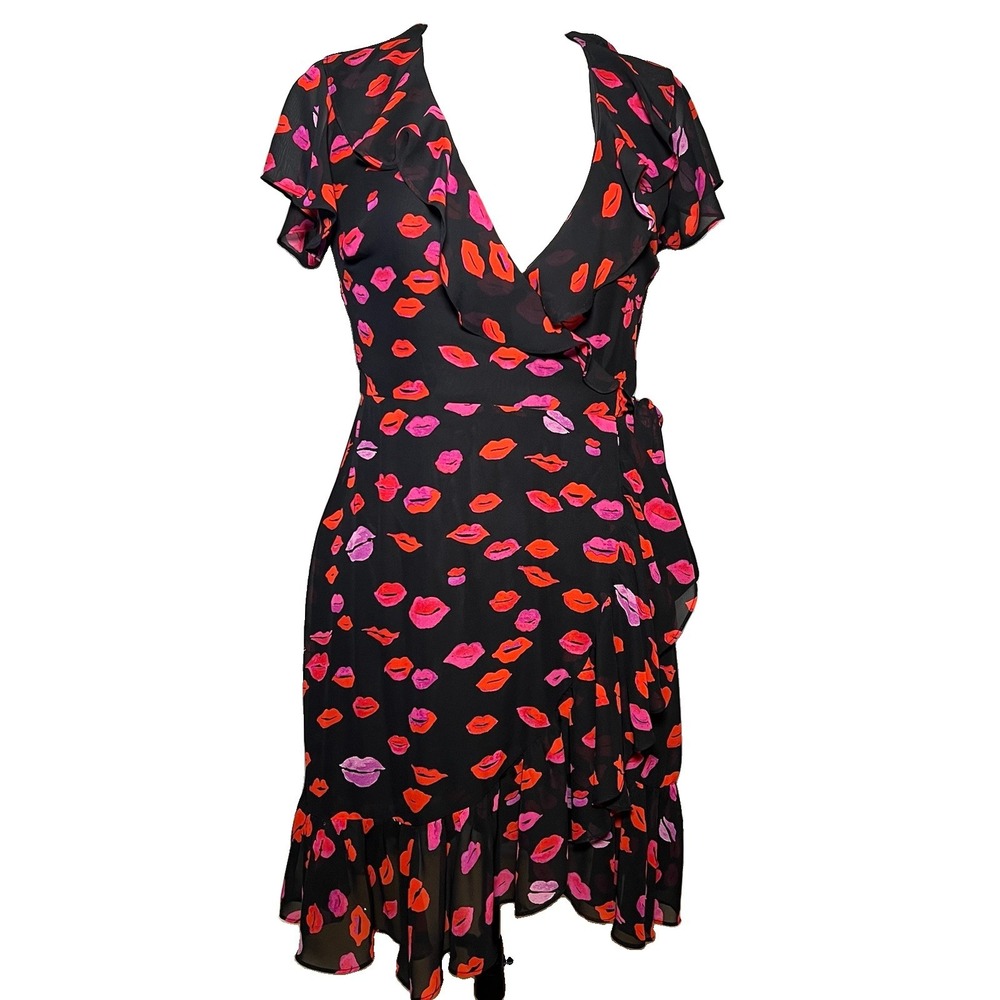 Betsey Johnson Y2K Novelty Lip Print Wrap Dress 4 Flutter Slv Ruffles Whimsigoth
